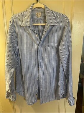 JCrew Irish Linen Blue and White Striped Long-Sleeve Button down Shirt